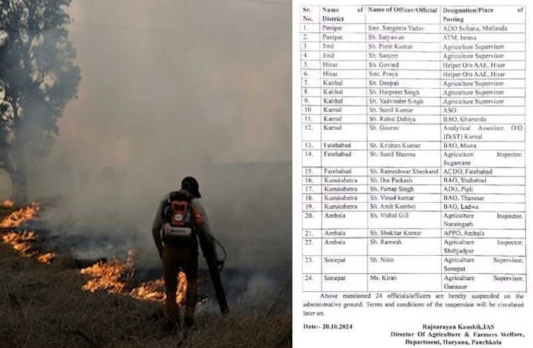 हरियाणा: पराली जलने की घटनाओं पर कृषि विभाग का बड़ा एक्शन, 24 कर्मचारी सस्पेंड