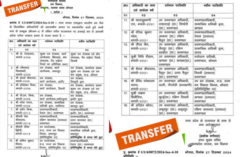 MP में 18 आईएफएस और 11 एसएफएस अधिकारियों का ट्रांसफर, देखें लिस्ट