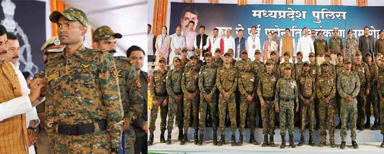 मुख्यमंत्री डॉ मोहन यादव नक्सली मुठभेड़ में अदम्य साहस दिखाने वाले 60 जवानों को क्रम  से पूर्व पदोन्नति देने के लिए कार्यक्रम में पहुंचे।