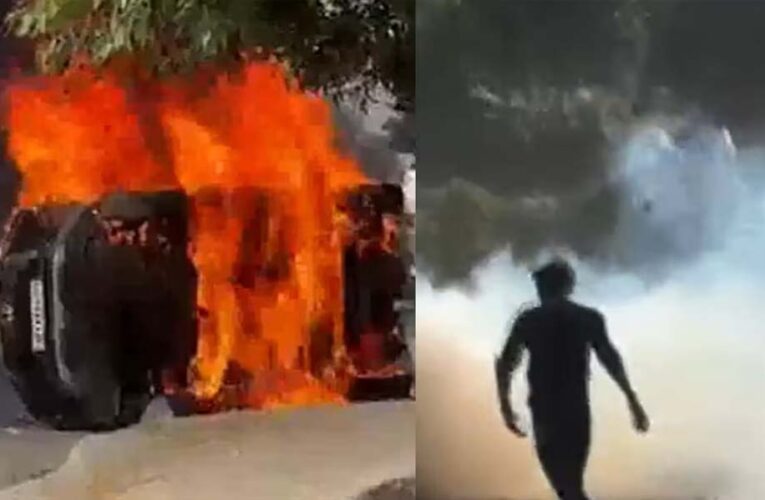 नोएडा में कर्मचारियों का उग्र प्रदर्शन, पुलिस और अन्य वाहनों में तोड़फोड़