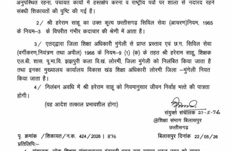 राष्ट्रीय पर्वों से गायब रहना शिक्षक को पड़ा महंगा, संयुक्त संचालक ने किया निलंबित