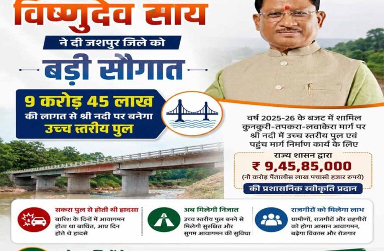 मुख्यमंत्री विष्णुदेव साय की बड़ी सौगात: जशपुर में नदी पर बनेगा उच्च स्तरीय पुल, तीन राज्यों की कनेक्टिविटी होगी मजबूत