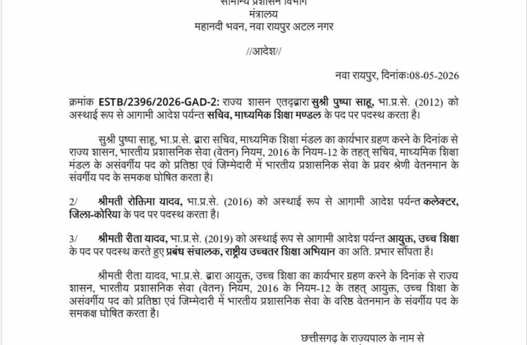 पुष्पा साहू बनीं माध्यमिक शिक्षा मंडल की सचिव,  रोक्तिमा यादव को कोरिया कलेक्टर की कमान