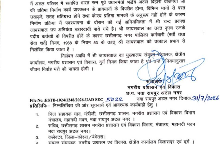 कटघोरा में अटलजी की कांस्य प्रतिमा मानकों के अनुरूप नहीं होने पर उप अभियंता तत्काल प्रभाव से निलंबित