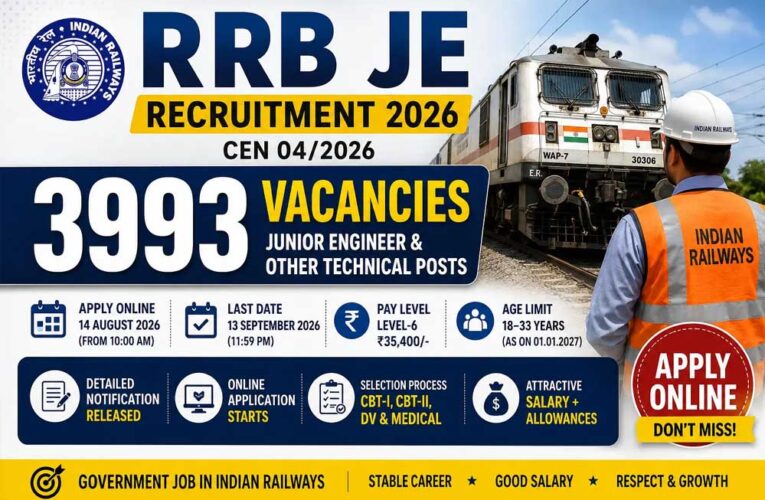 RRB JE Vacancy 2026: रेलवे में 3993 जेई पदों पर भर्ती शुरू, BTech-डिप्लोमा वालों के लिए मौका; ऐसे करें आवेदन