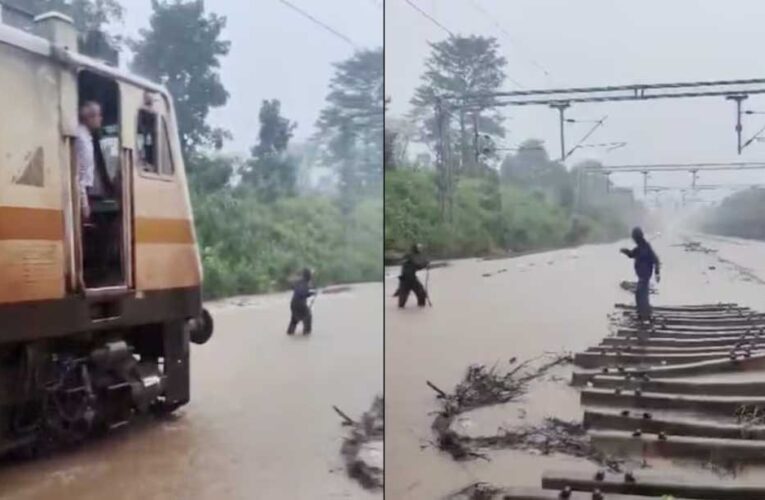 आगे लाल झंडी लेकर चला रेलकर्मी, पीछे 3 फीट पानी चीरती रही ट्रेन; सतना-मानिकपुर ट्रैक का VIDEO वायरल