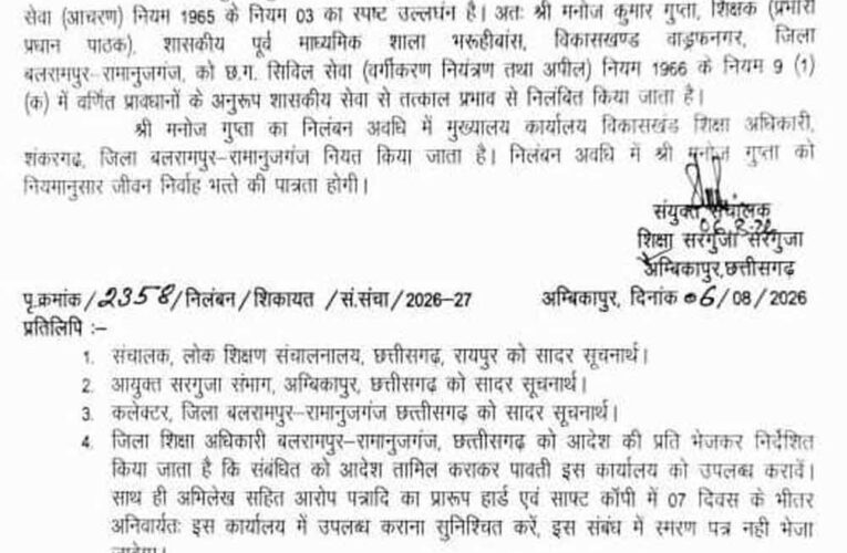 CG में प्रधान पाठक निलंबित, बच्चे को फीडिंग कराते समय छिपकर देखने के गंभीर आरोप